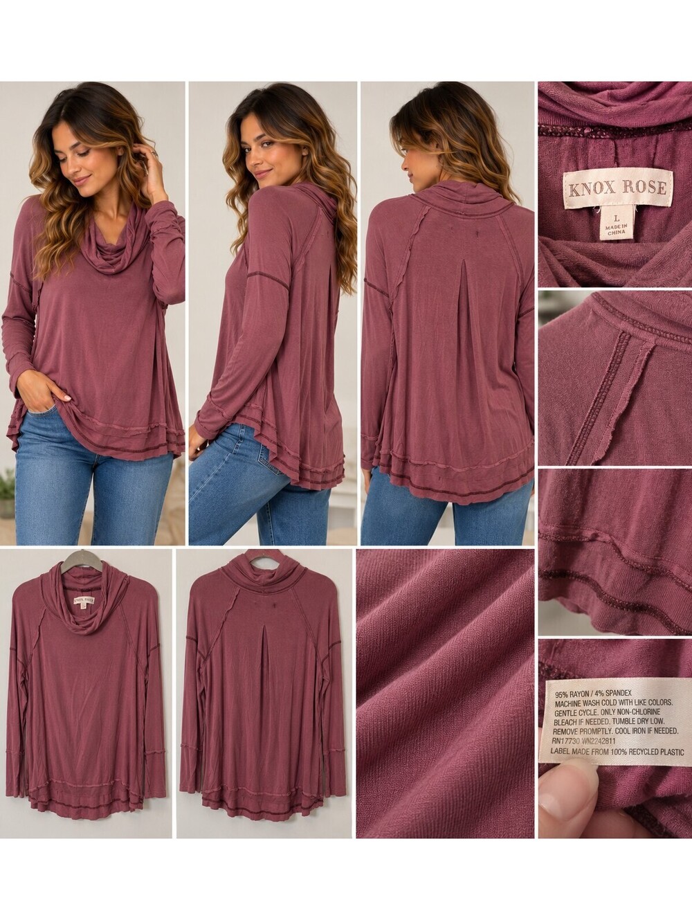 Knox Rose Mauve Long Sleeve Cowl Neck Top size large